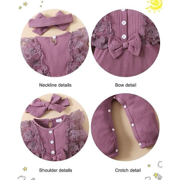 Newborn Infant purple size 0/3 mos Girl Ruffle Long Sleeve Romper Jumpsuit Bowkn - Picture 4 of 10